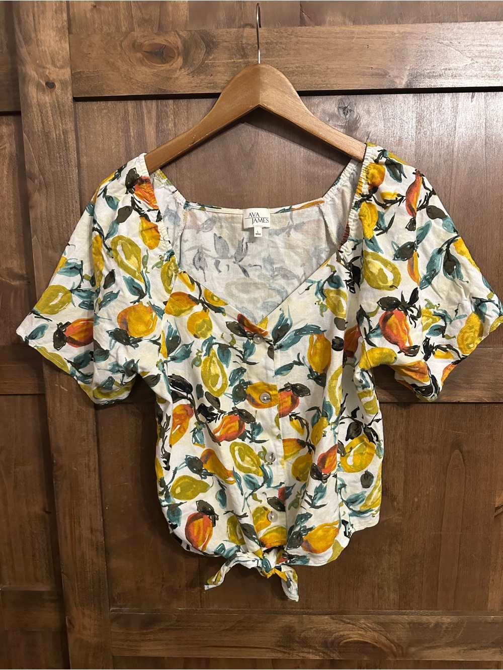 Ava James Fruit Linen Blouse Large Front Tie Peasant Boho Summer Top Button Down